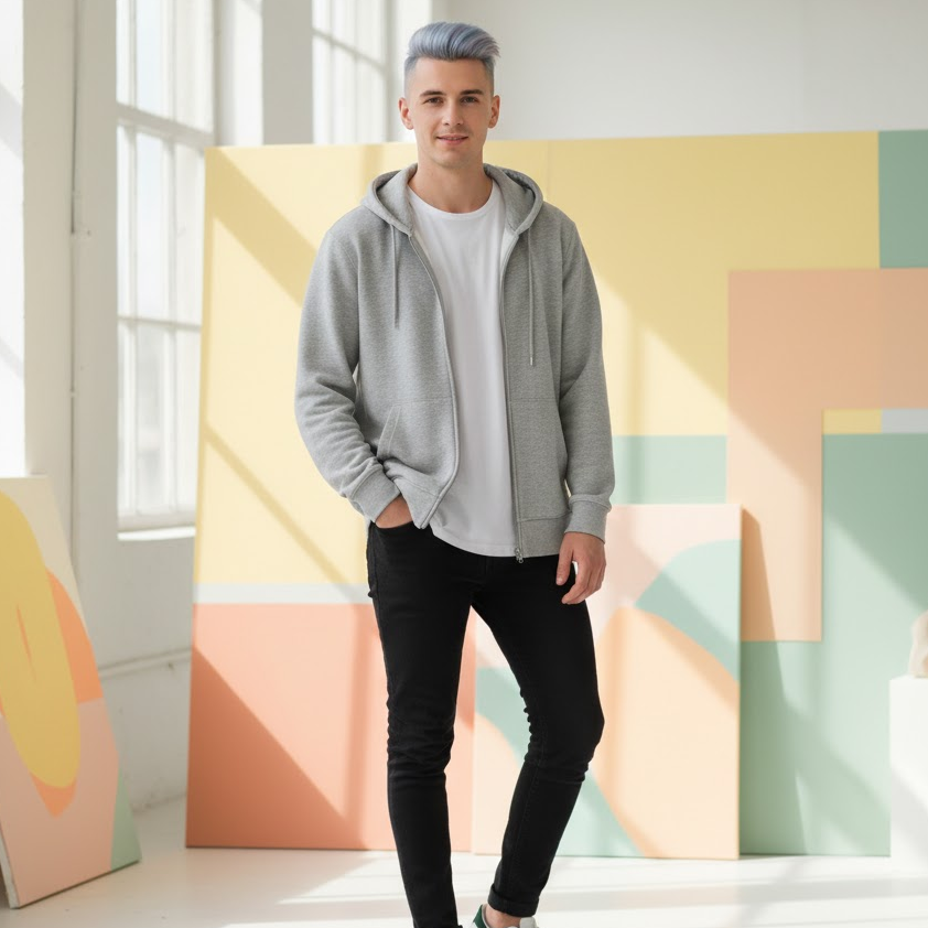 Man with pastel blue and lavender hair posing in a bright artistic setting.