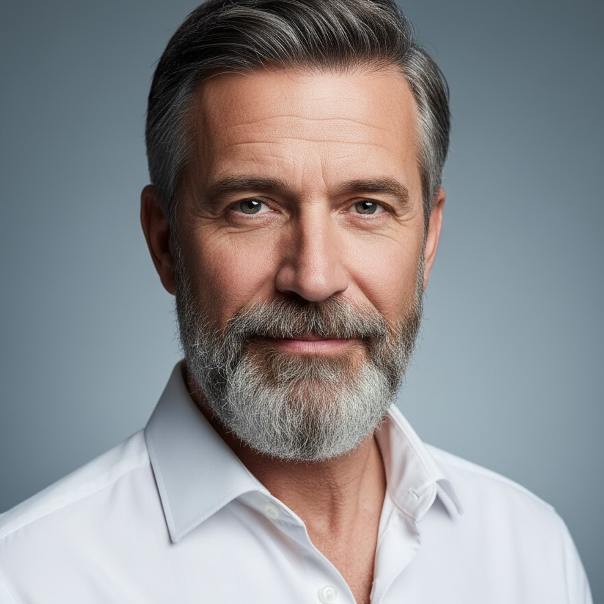 Man with salt and pepper hair and beard wearing a white shirt in a professional studio portrait.