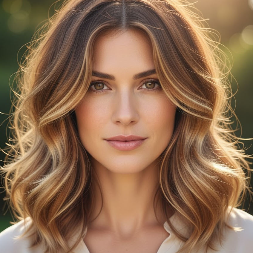 Woman with soft caramel balayage hair featuring golden brown highlights and natural waves.