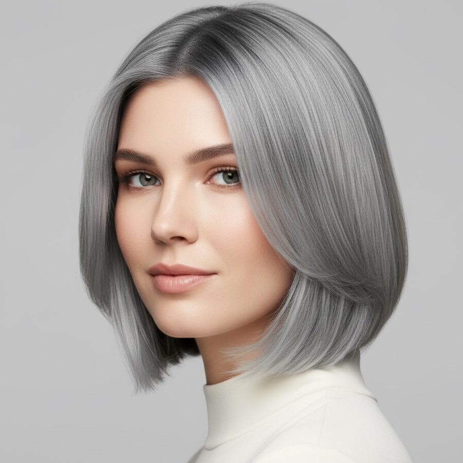Woman with sleek ash blonde hair in a layered bob showing cool silver undertones.