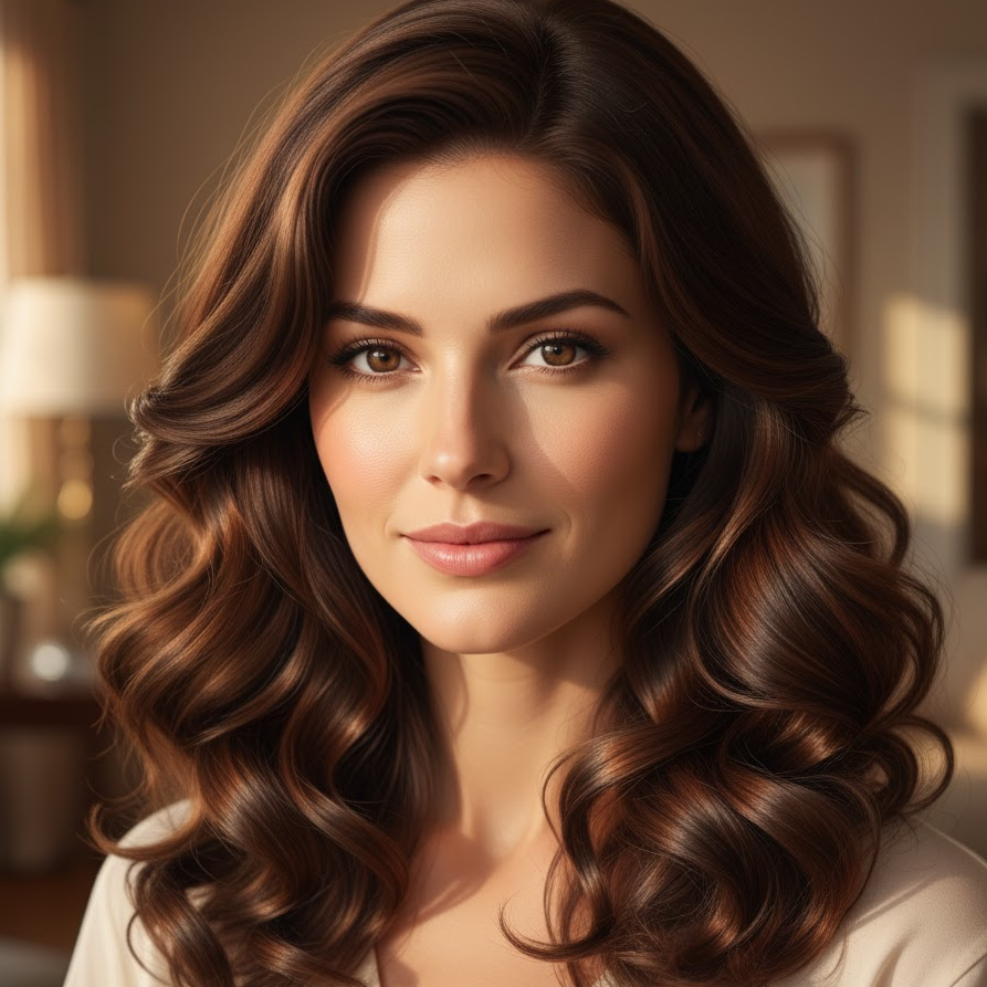 Woman with shiny chocolate brown hair styled in soft curls with warm light reflection.
