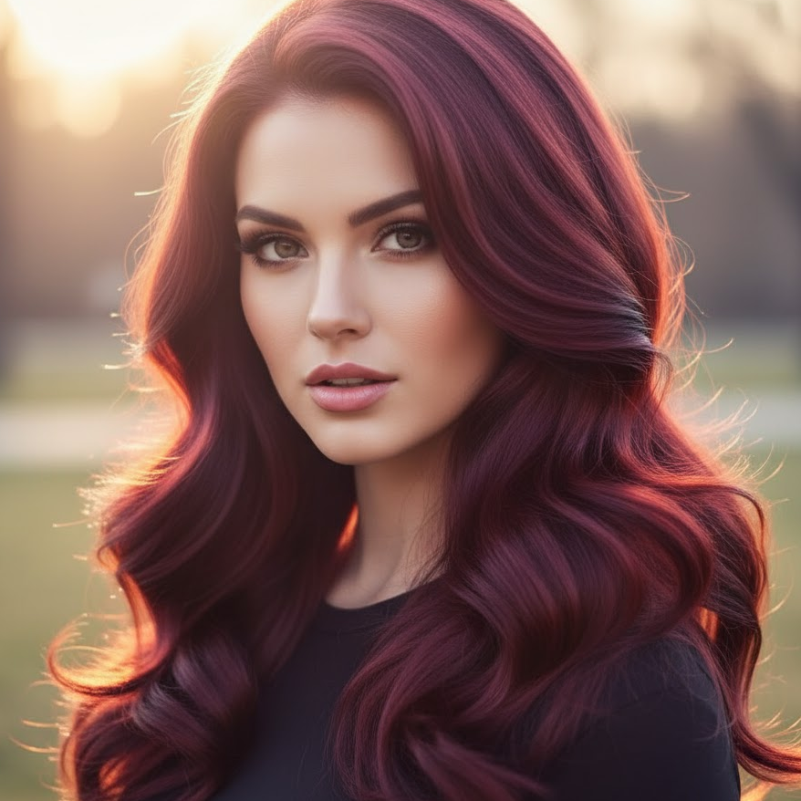 Woman with deep burgundy hair and violet undertones styled in soft voluminous waves.