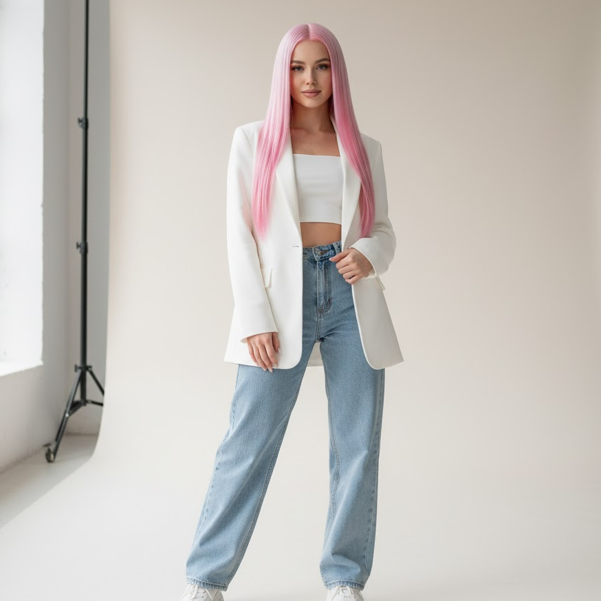 Woman with pastel pink hair in a sleek straight style and soft candy tones.