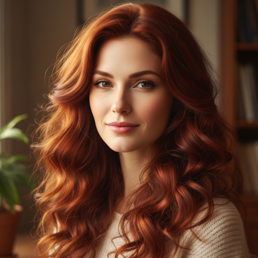 Woman with auburn hair featuring red-brown tones styled in soft romantic curls.