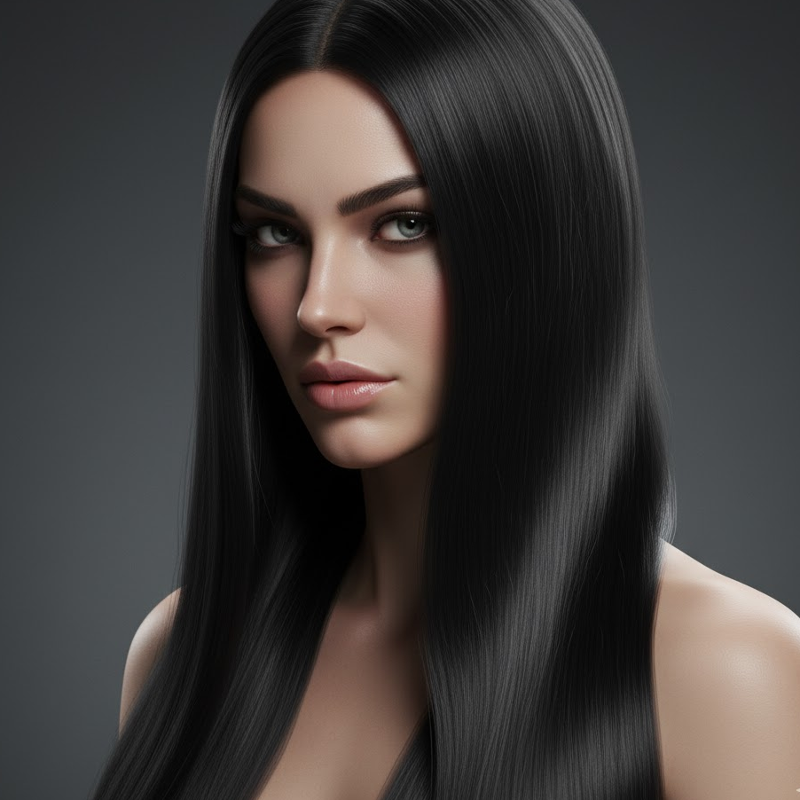 Woman with sleek jet black straight hair that looks shiny and bold.