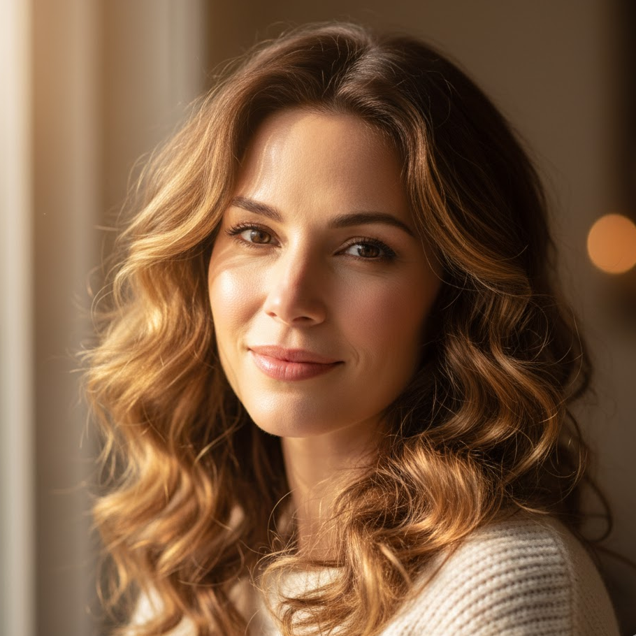 Woman with golden brown hair styled in soft curls showing sunlit highlights.