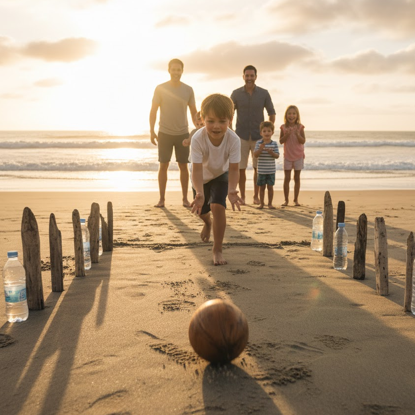 Beach-Bowling-Driftwood-Game-Kids-Playing-Outdoor-Activity-Family-Fun-Coconut-Bowling-Beach-Day