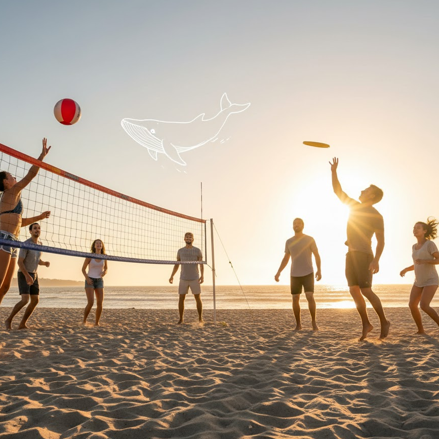Beach-Volleyball-Frisbee-Friends-Playing-Sunset-Active-Beach-Games-Outdoor-Sports-Teamwork-Fun