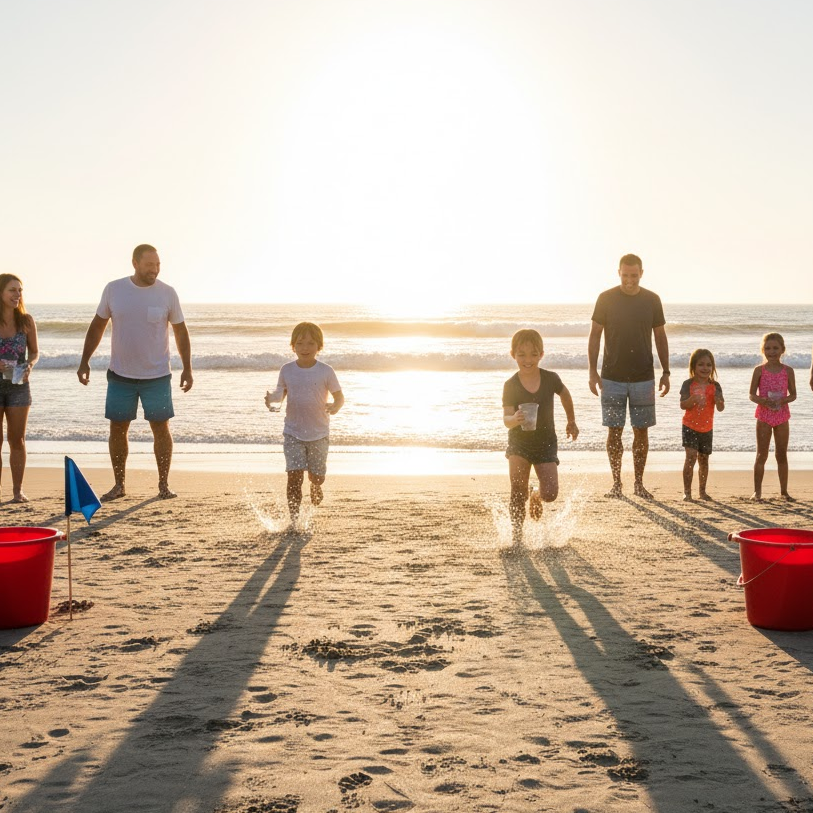 Water-Bucket-Relay-Beach-Game-Kids-Running-Splashing-Teams-Family-Fun-Cool-Off-Beach-Activity