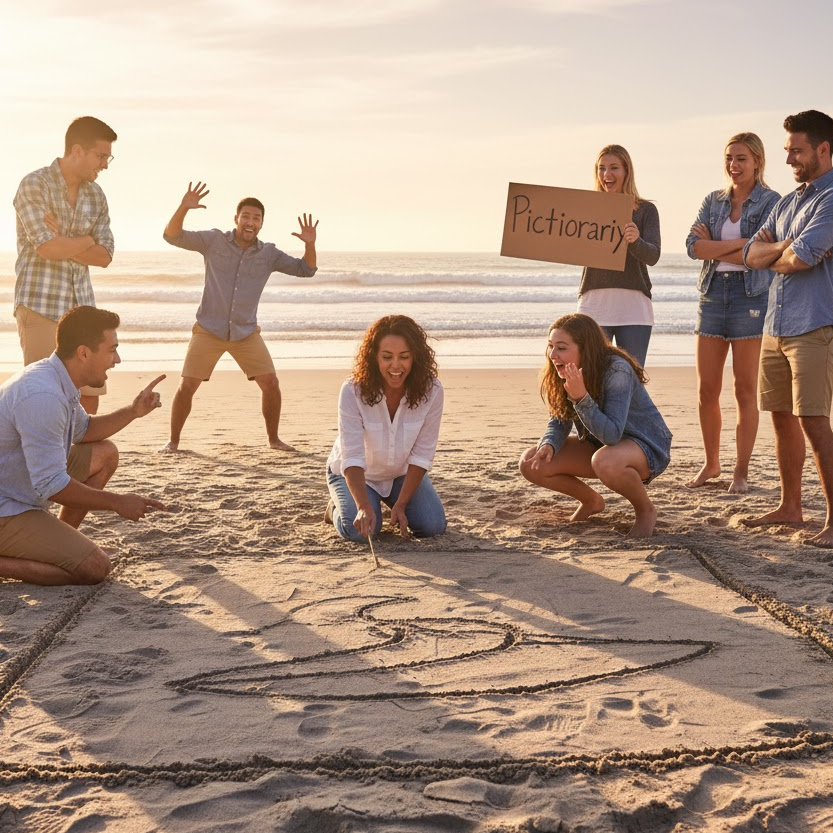Beach-Pictionary-Charades-Drawing-in-Sand-Friends-Playing-Creative-Beach-Games-Team-Fun-Outdoor-Activity