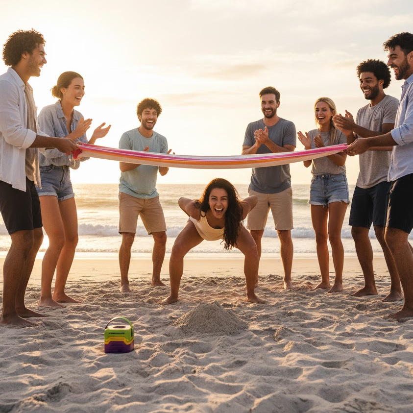Limbo-Under-Towel-Beach-Challenge-Friends-Laughing-Fun-Outdoor-Game-Flexibility-Beach-Party