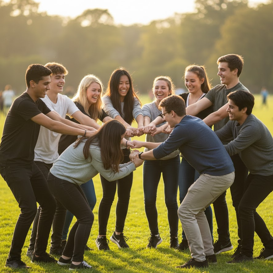 Human-Knot-Game-Youth-Icebreaker-Team-Building-Communication-Fun-Group-Activity-Teenagers-Laughing