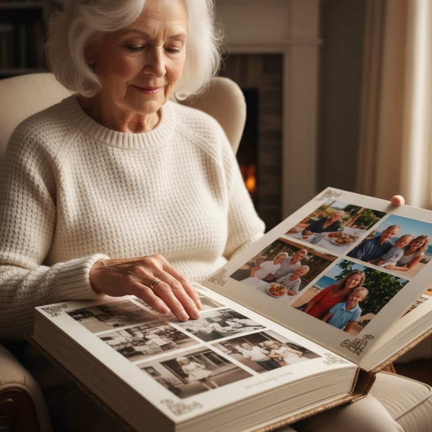 Heirloom-Photo-Book-70th-Birthday-Mom-Personalized-Album-Family-Memories-Sentimental-Gift-Senior-Woman-Cherishing-Photos