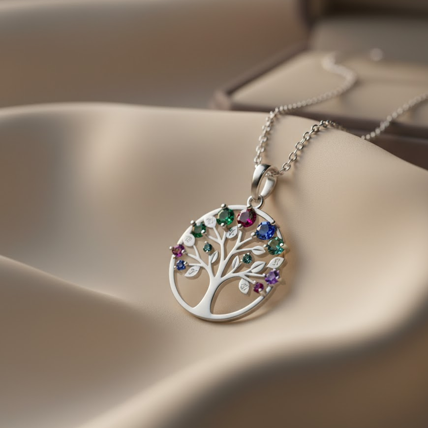 Custom-Family-Tree-Necklace-Mom-70th-Birthday-Gift-Birthstone-Jewelry-Personalized-Heirloom-Elegant-Pendant