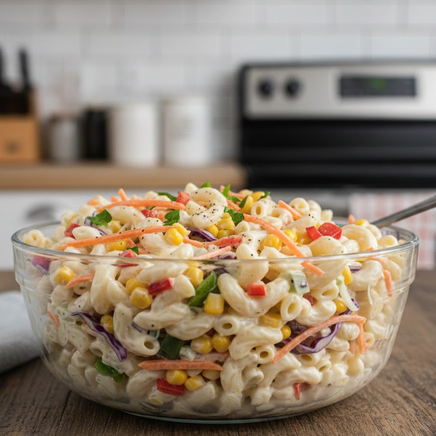 Creamy-mayo-vegetable-pasta-salad-with-macaroni-carrots-corn-capsicum-and-cabbage-mixed-in-a-smooth-creamy-dressing
