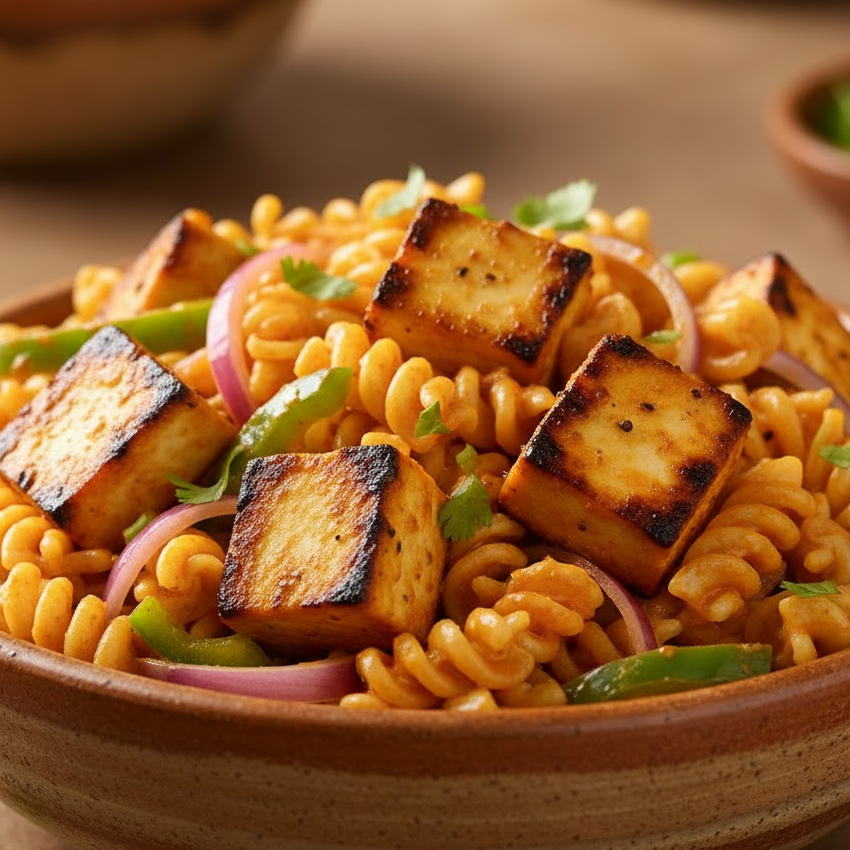Paneer-tikka-pasta-salad-with-marinated-paneer-fusilli-onions-and-capsicum-tossed-in-a-light-curd-masala-mix