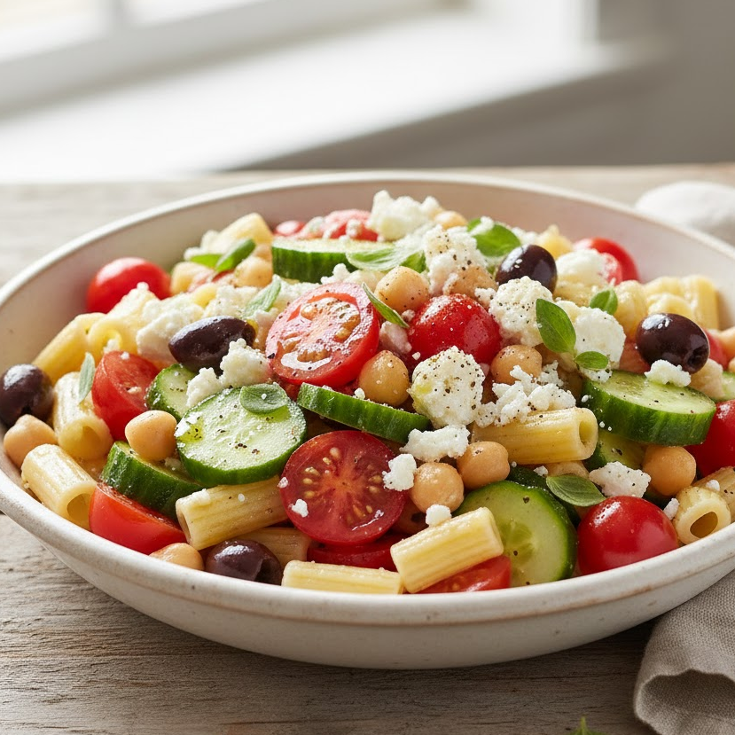 Mediterranean-chickpea-pasta-salad-with-cherry-tomatoes-cucumber-olives-chickpeas-and-feta-in-a-simple-olive-oil-oregano-dressing