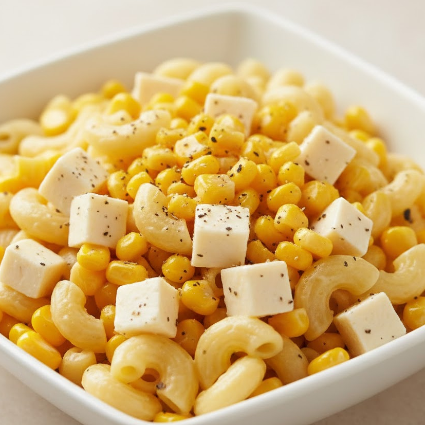 Sweet-corn-and-cheese-pasta-salad-with-macaroni-cheese-cubes-corn-and-simple-seasonings-in-a-refreshing-lemon-mix