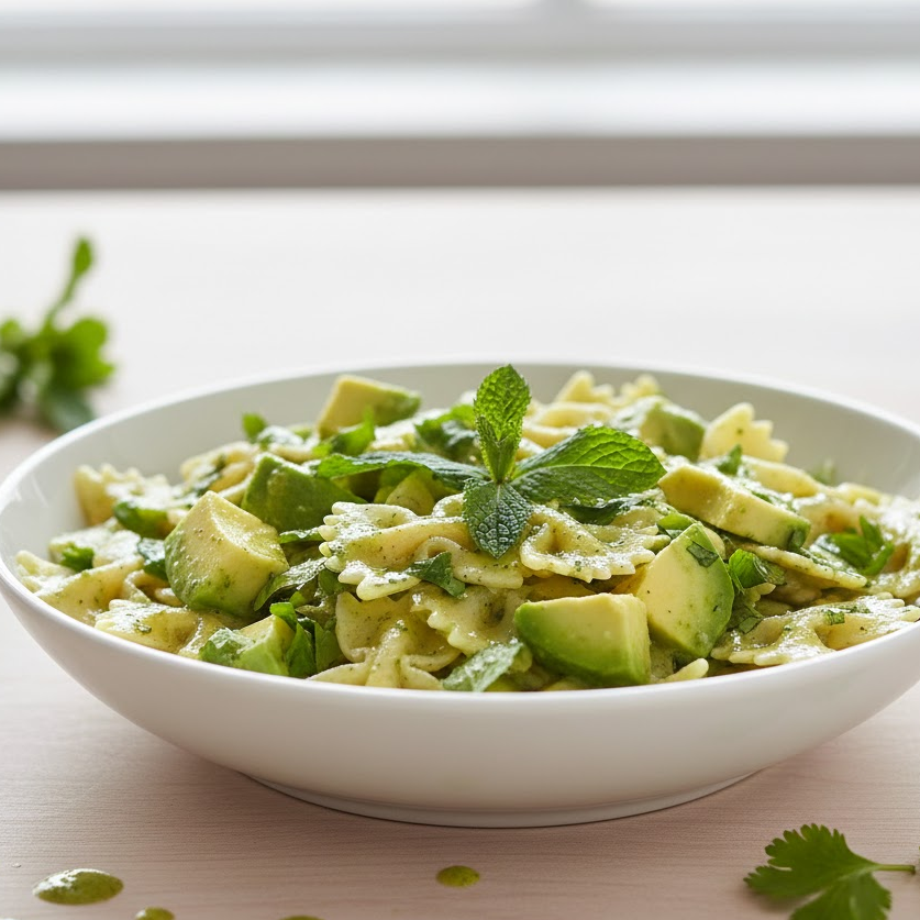 Avocado-and-herb-pasta-salad-with-bow-tie-pasta-creamy-avocado-and-green-herb-dressing-of-mint-coriander-and-garlic