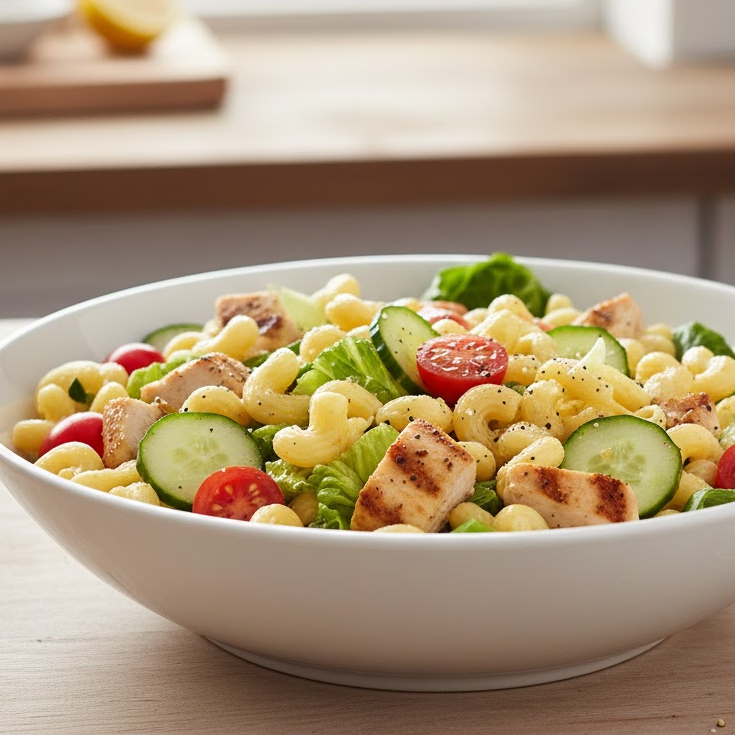 High-protein-chicken-pasta-salad-with-grilled-chicken-lettuce-tomatoes-cucumber-and-light-mustard-olive-oil-dressing