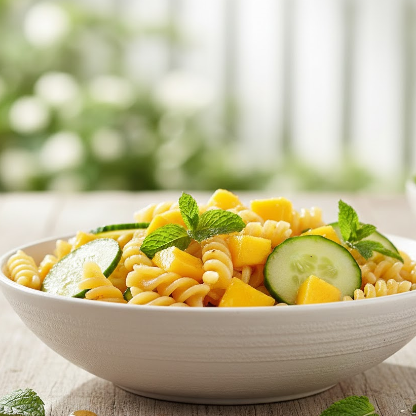 Mango-and-mint-summer-pasta-salad-with-sweet-mango-cubes-cucumber-mint-and-a-light-lemon-honey-dressing