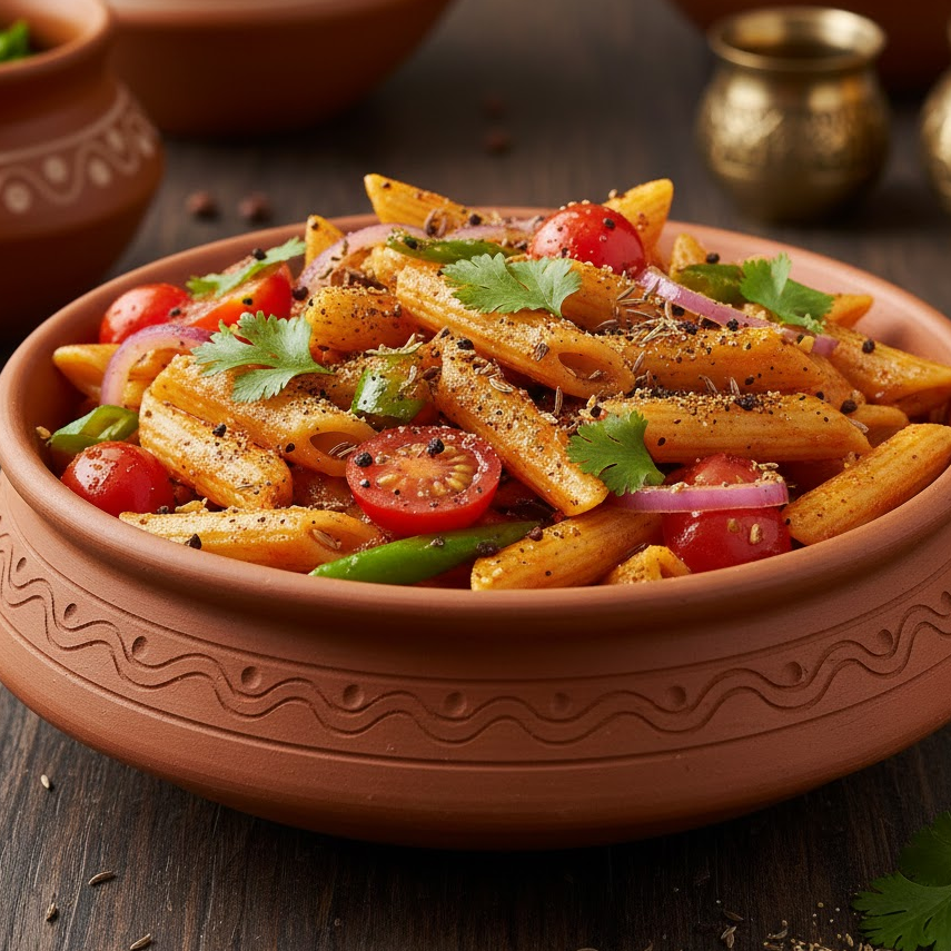 Spicy-Indian-masala-pasta-salad-with-penne-onions-tomatoes-green-chillies-and-chat-masala-garnished-with-coriander