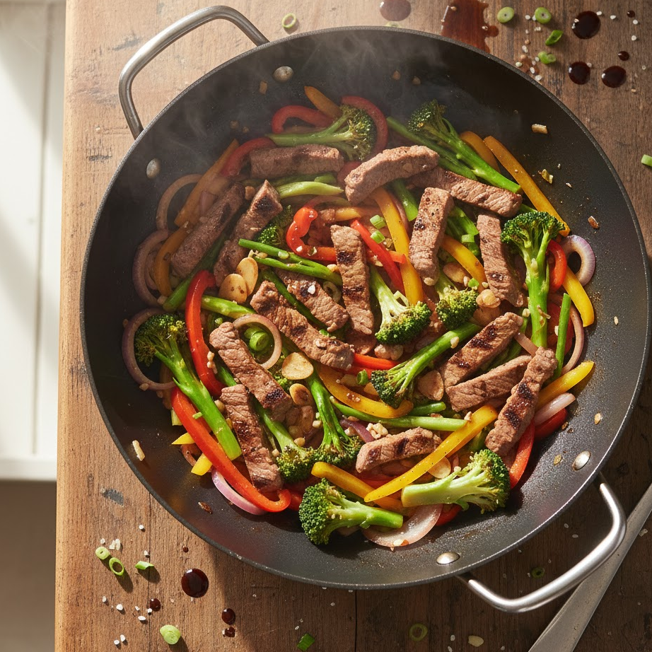 Leftover-steak-stir-fry-with-bell-peppers-onions-broccoli-garlic-and-ginger-in-a-wok