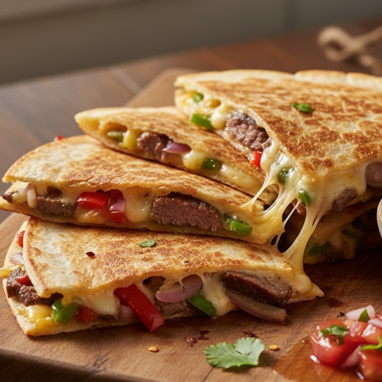 Steak-and-veggie-quesadillas-with-melted-cheese-onions-and-capsicum