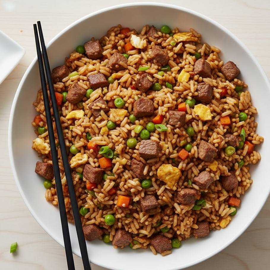 Steak-fried-rice-with-peas-carrots-egg-and-soy-sauce