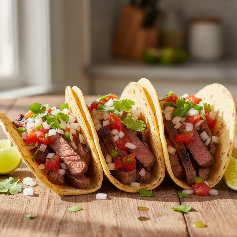 Leftover-steak-tacos-with-onions-cilantro-and-salsa-in-soft-tortillas