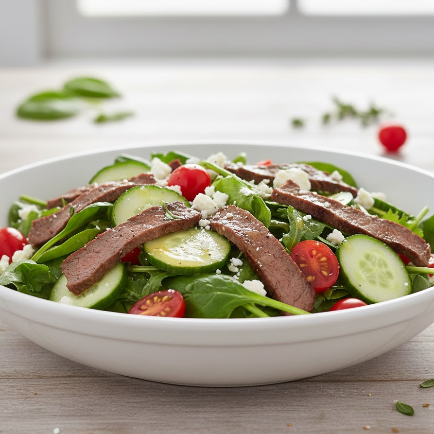 Steak-salad-bowl-with-mixed-greens-tomatoes-cucumber-feta-and-lemon-vinaigrette