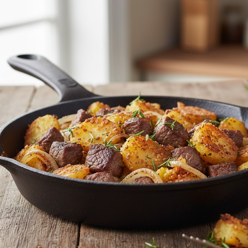 Steak-and-potato-skillet-with-onions-herbs-and-crispy-potatoes