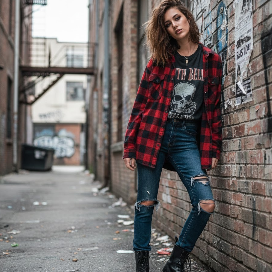 90s-grunge-girl-costume-with-flannel-shirt-band-tshirt-ripped-jeans-combat-boots