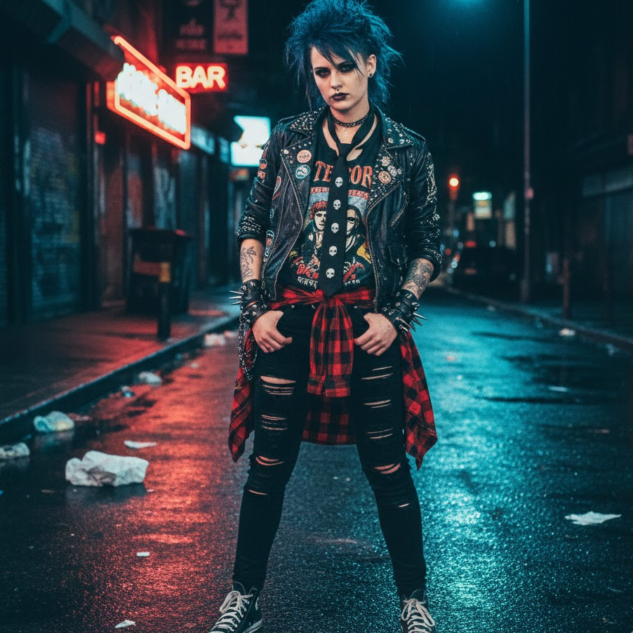 Pop-punk-Avril-Lavigne-90s-costume-skinny-jeans-graphic-tshirt-plaid-pants-and-wristbands