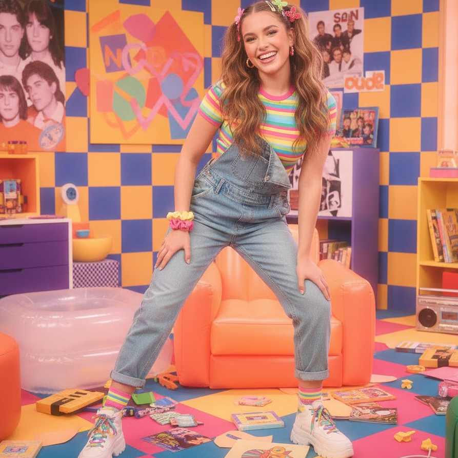 Disney-Channel-star-90s-costume-denim-overalls-colorful-crop-top-sneakers-and-scrunchies