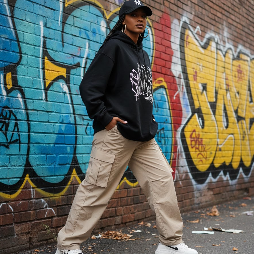 90s-hip-hop-girl-costume-baggy-pants-oversized-tshirt-sneakers-hoop-earrings-and-baseball-cap