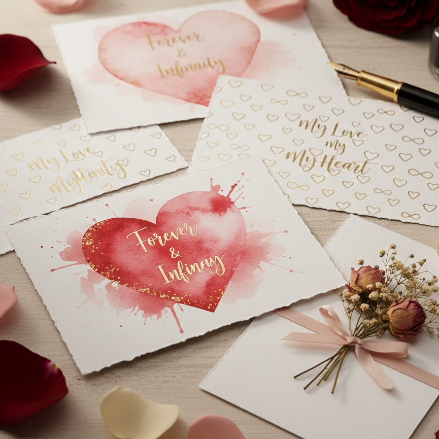 romantic-valentine-cards-with-hearts-watercolor-designs-gold-foil-and-dried-flower-accents-arranged-on-table