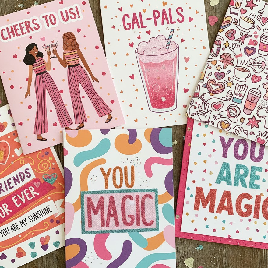 friendship-and-galentine-cards-with-bright-colors-positive-messages-fun-illustrations-and-glitter-details