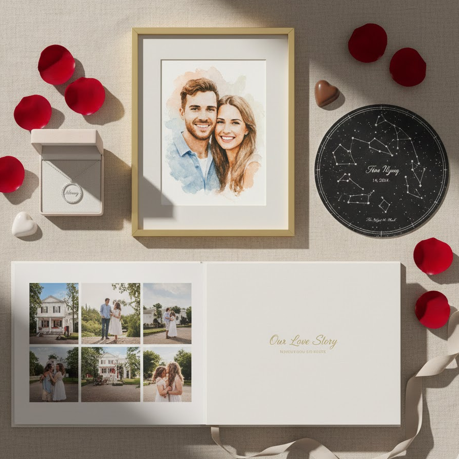 romantic-and-sentimental-valentine-gifts-couple-portrait-engraved-necklace-photo-book-star-map