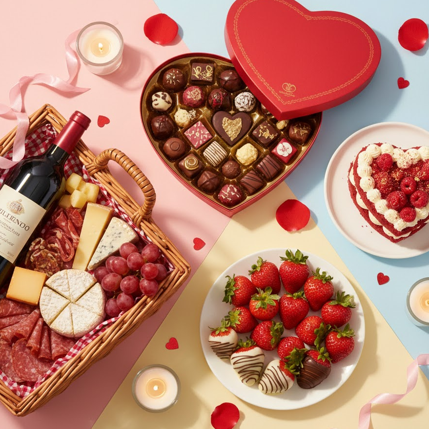 food-and-treat-valentine-gifts-chocolate-cake-strawberries-wine-cheese-hamper