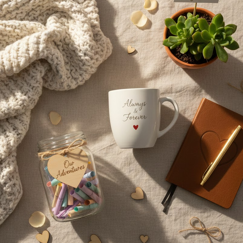 thoughtful-and-practical-valentine-gifts-personalized-mug-throw-blanket-memory-jar-plant-journal