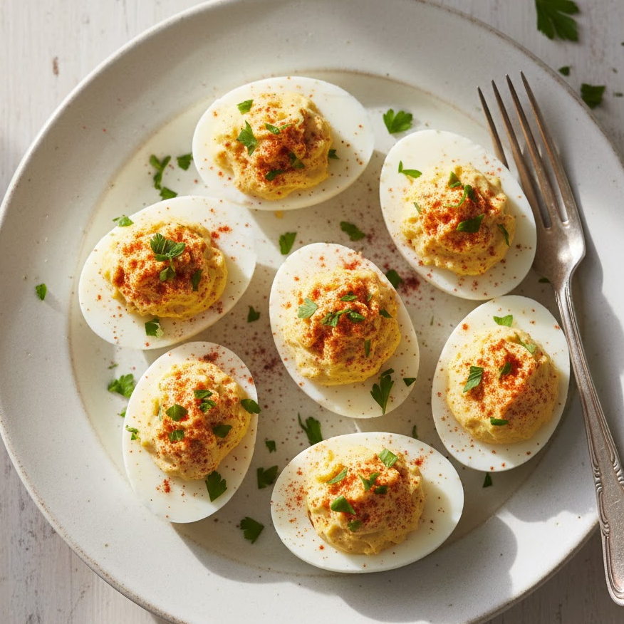 classic-deviled-eggs-on-white-plate-garnished-with-paprika-and-parsley