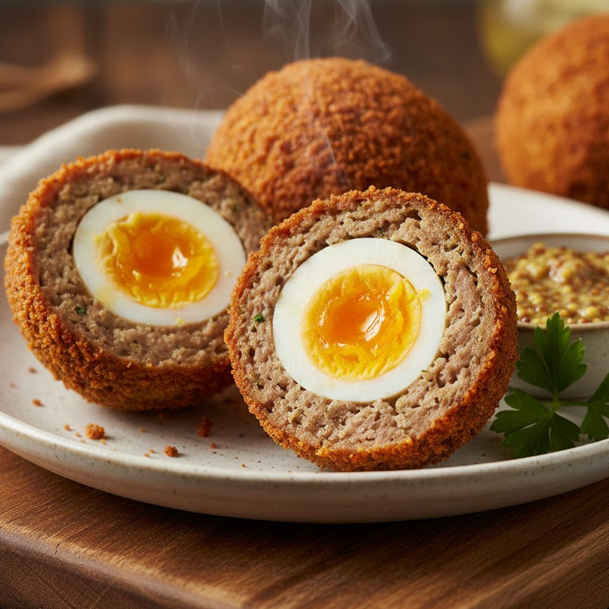 scotch-eggs-fried-and-sliced-to-show-boiled-egg-inside-on-plate