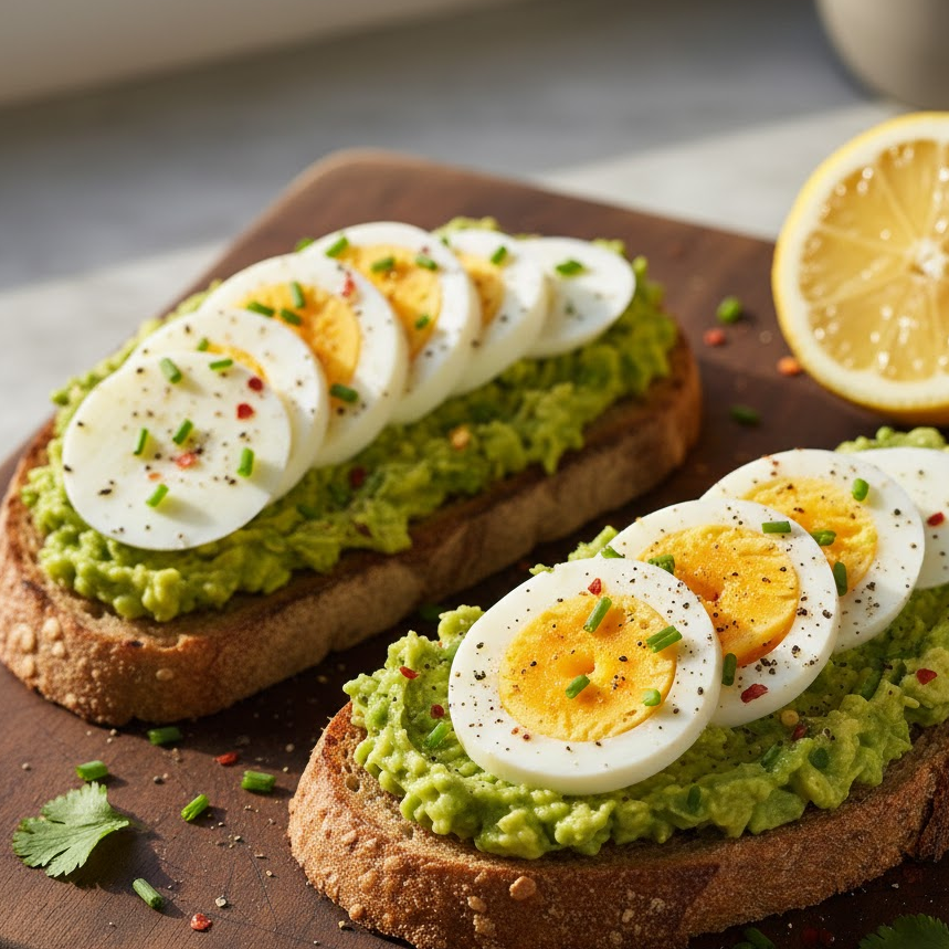 egg-and-avocado-toast-on-wooden-board-with-lemon