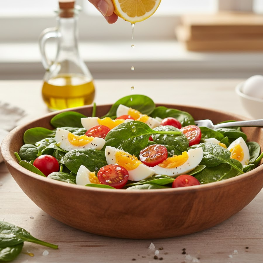egg-and-spinach-salad-with-cherry-tomatoes-and-olive-oil