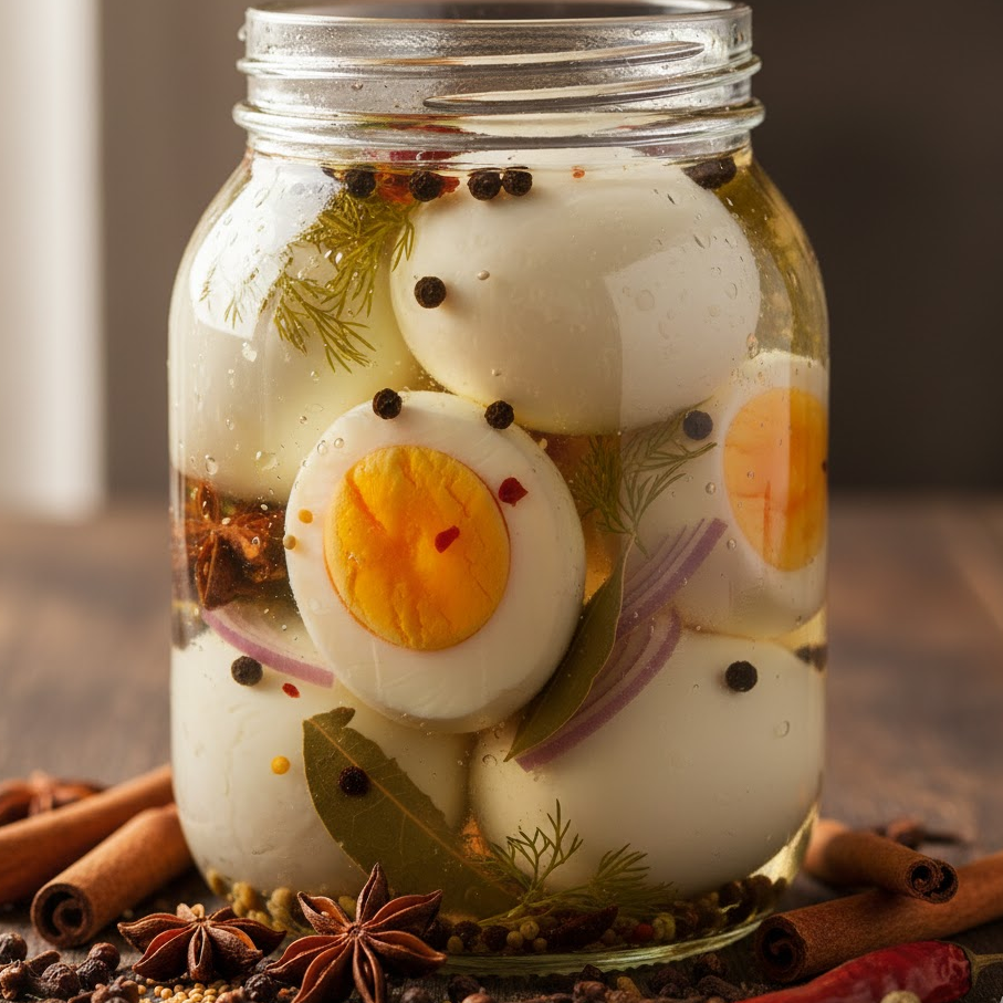 pickled-boiled-eggs-in-glass-jar-with-pickling-spices