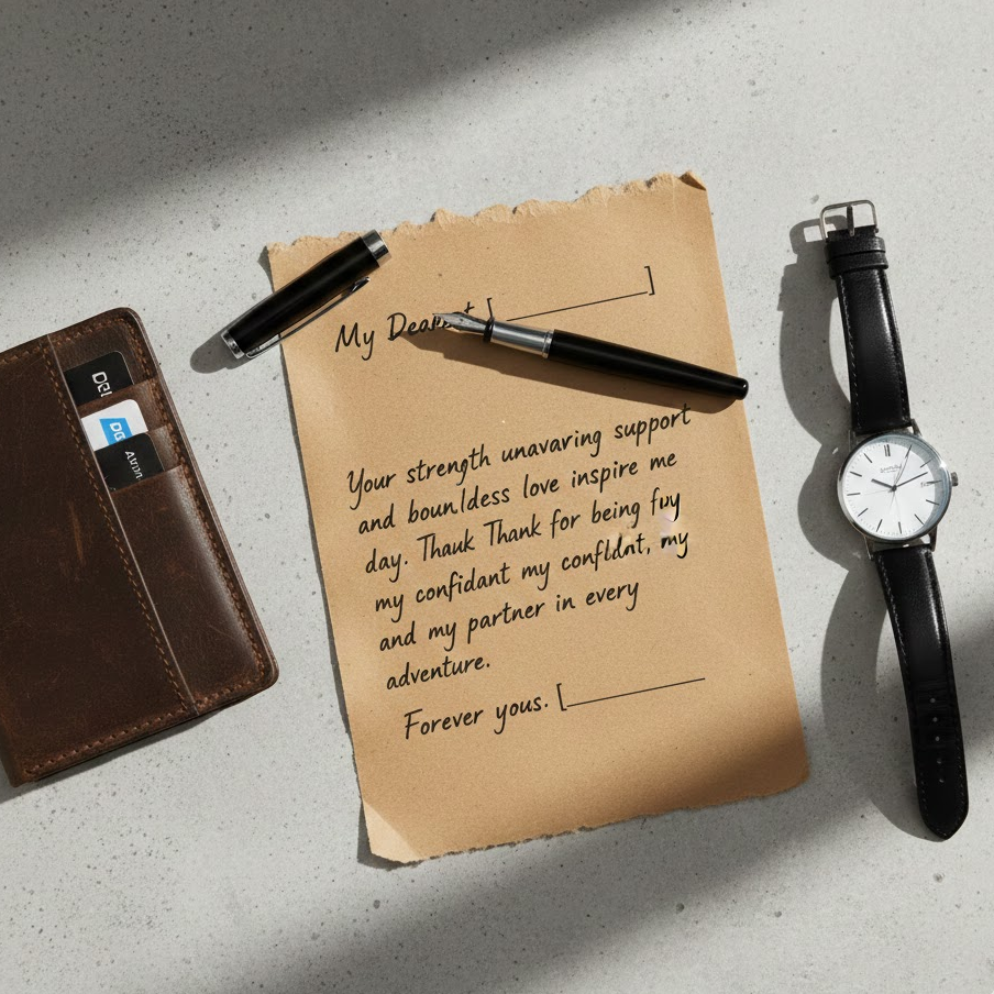 masculine-love-letter-flat-lay-kraft-paper-watch-leather-wallet-soft-shadows-heartfelt-theme