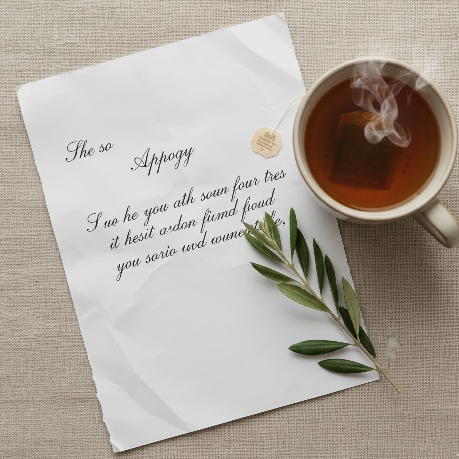 apology-letter-flat-lay-olive-branch-tea-soft-lighting-healing-peaceful-mood