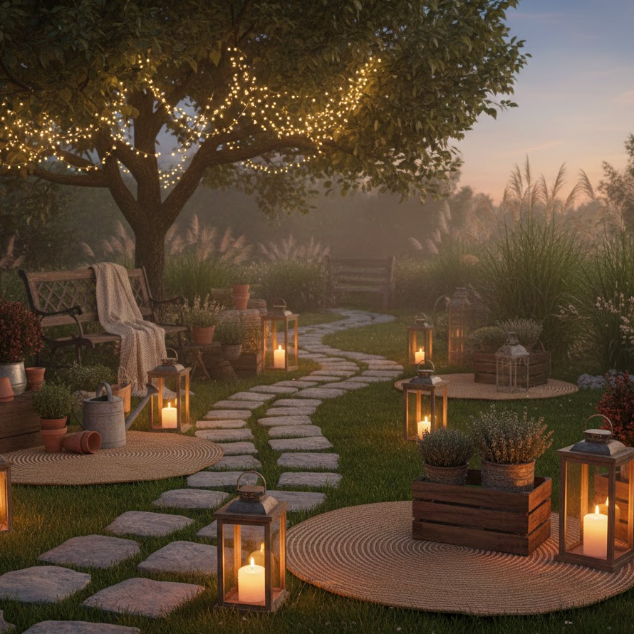 rustic-garden-lantern-backyard-decor-warm-lighting-jute-mats-vintage-outdoor-setup