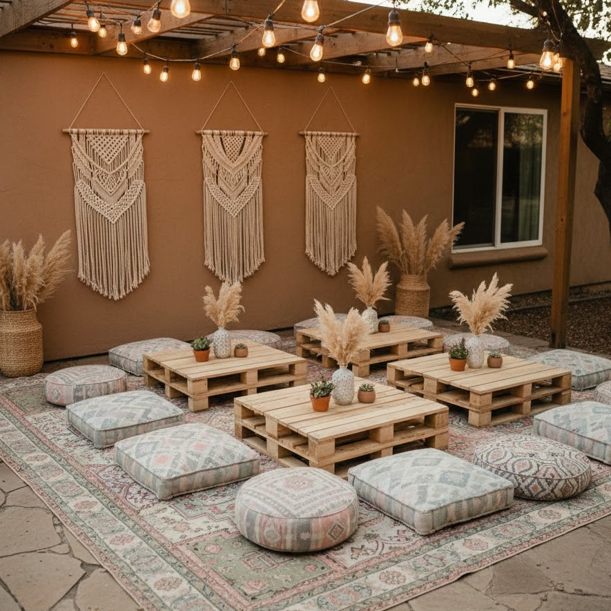 boho-backyard-decor-macrame-rugs-pastel-cushions-pampas-grass-cozy-patio-theme